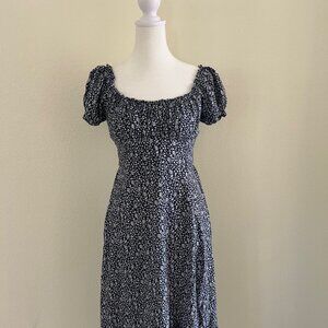 Hollister Dress Floral Blue/White Short Sleeve Side Slit Maxi Milkmaid Smocked